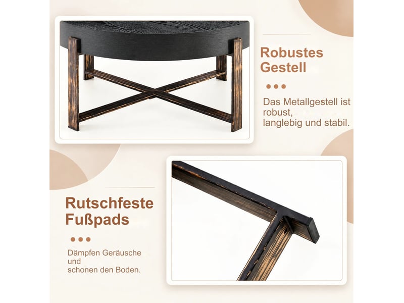  Table d'appoint ronde 68x68x39 cm, ép. 9,6 cm, design minimaliste, piètement croisé en métal, mdf effet de bois, noir  - Conforama E
