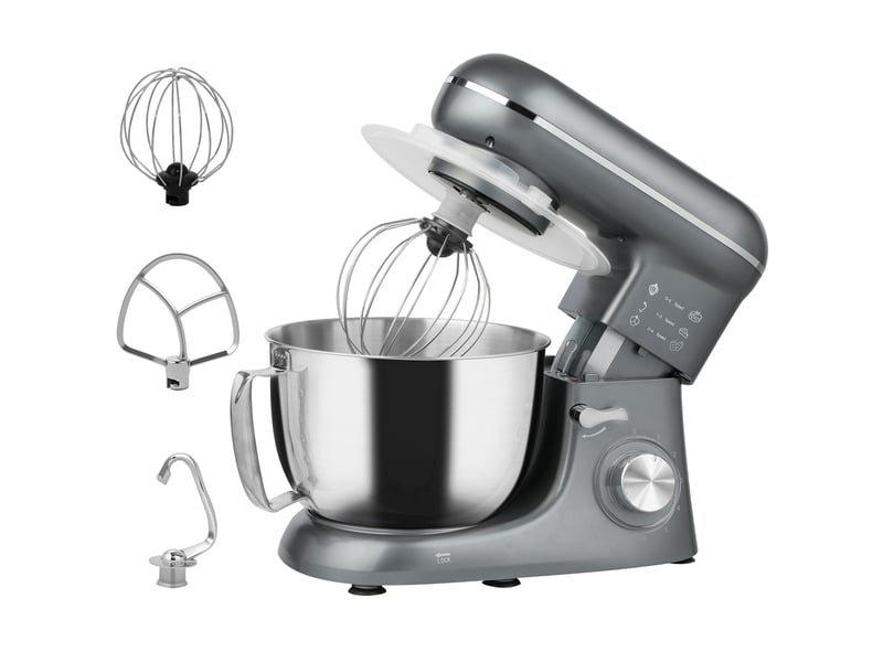 Robot pâtissier 1300 w, robot pétrin professionnel 4,5 l, bol d'acier inoxydable, argent, 6+p vitesses et pulse - Conforama B