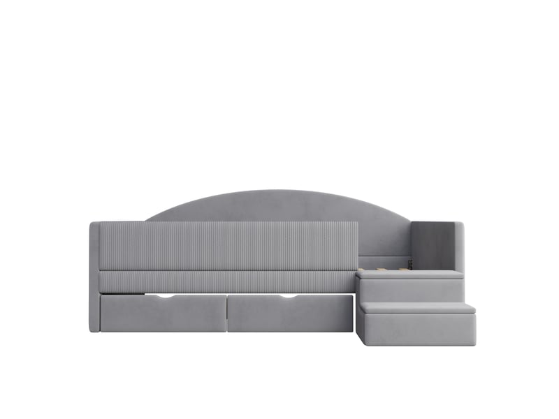  Lit canapé capitonné 90*190cm, deux tiroirs, barrières et marches, velours doux, sans matelas, gris clair  - Conforama E