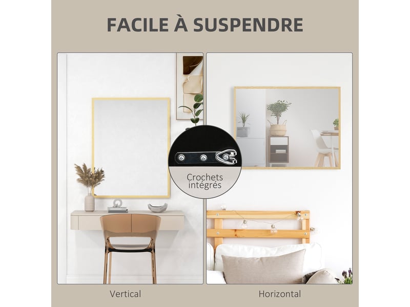  Miroir mural rectangulaire 90 x 70 cm, cadre en bois, idéal pour la salle de bain, naturel, salon ou chambre  - Conforama E