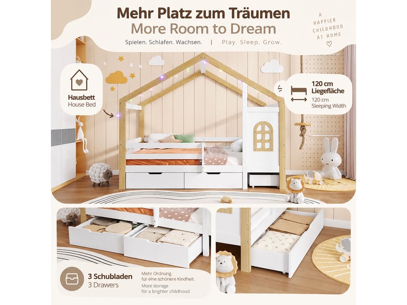 Lit enfant 120x200 cm en pin et mdf blanc et naturel, en forme de maison avec fenêtre, garde-corps, 3 tiroirs et guirlande. - Conforama E