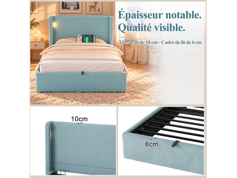  Lit coffre enfant 90x200 cm, sommier inclus, ouverture hydraulique, led, usb et type-c, velours bleu, sans matelas  - Conforama E