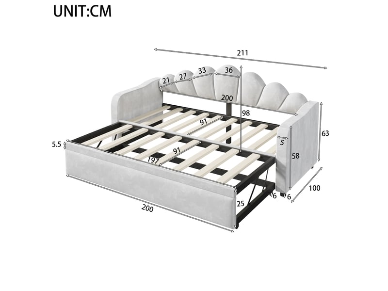  Lit adulte 90x200 couchage led velours gris cadre mdf double niveau pour chambre homvra  - Conforama E