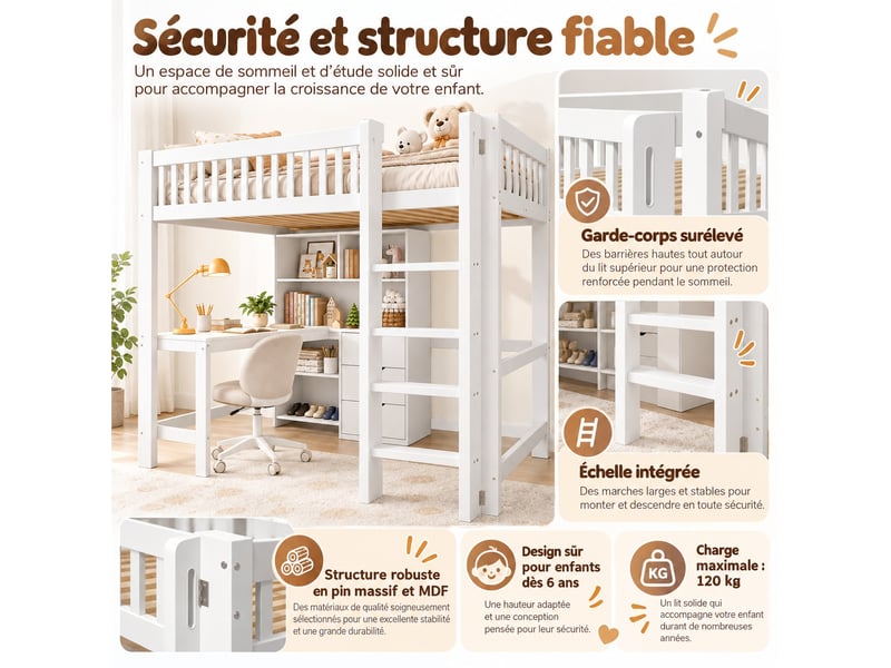 Lit mezzanine enfant 140 x 200 cm en bois avec bureau, nombreux rangements, 3 tiroirs et échelle, gain de place, blanc - Conforama E