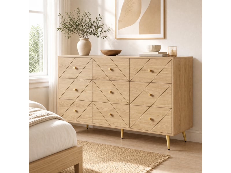  Commode de rangement avec 9 tiroirs, pieds en fer, motif geometrique, pour chambre salon entree, pb, naturel  - Conforama B