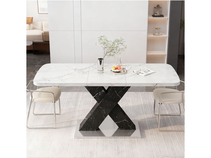  Table extensible plateau effet marbre imprimé piètement mdf noir en x base métal table de salle à manger  - Conforama B