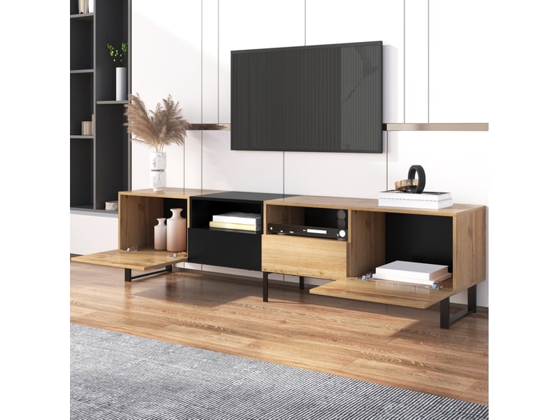  Meuble tv moderne mdf noir et décor bois naturel – 190 x 38 x 48 cm  - Conforama C