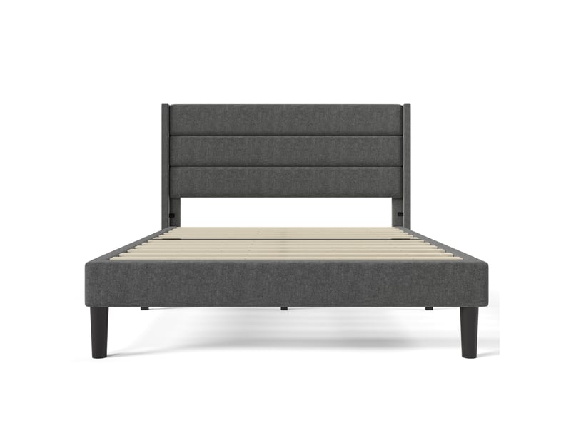  Lit 140x200 cm tissu lin gris foncé cadre tapissier tête de lit sommier à lattes sans matelas  - Conforama D