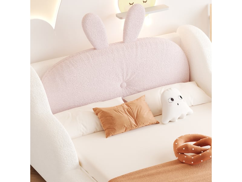  Lit enfant 90 × 200 cm 1 place avec barrières rembourrées et coussin lapin, sans matelas, blanc  - Conforama E