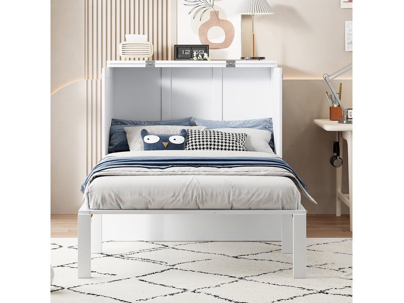  Lit escamotable vertical 90x200 cm avec sommier à lattes bois mdf métal blanc sans matelas  - Conforama B