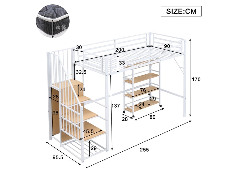  Lit mezzanine 90x200 armoire tringle meuble 4 niveaux roulant garde-corps sommier métal mdf blanc naturel sans matelas  - Conforama C