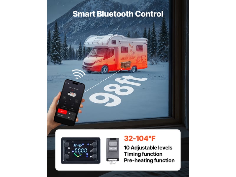  Vevor chauffage diesel 8 kw dc 12 v24 v et 220 v - réchauffeur de stationnement portable avec bluetooth, télécommande, écran lcd, réservoir 5 l, chariot ZM8008 - Conforama E