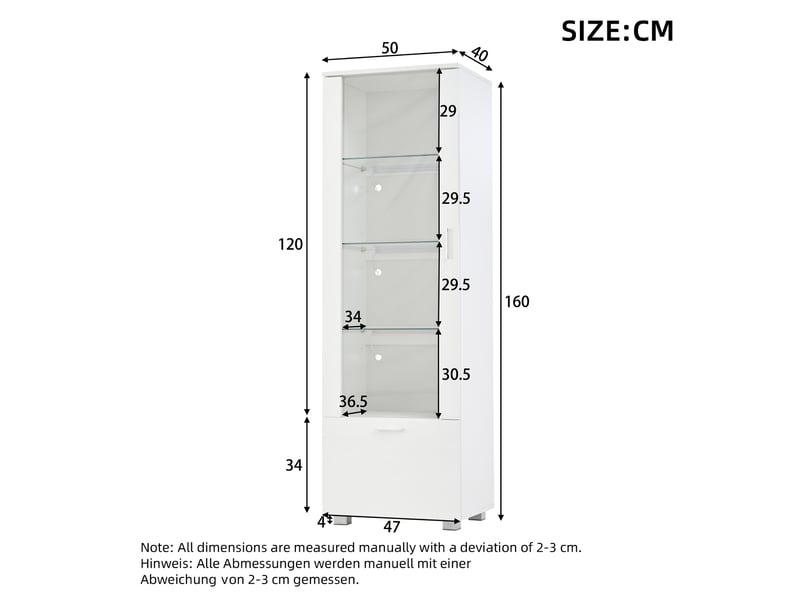  Vitrine haute 50x40x160 cm – blanc – éclairage led, portes acryliques et rangement multifonction  - Conforama C