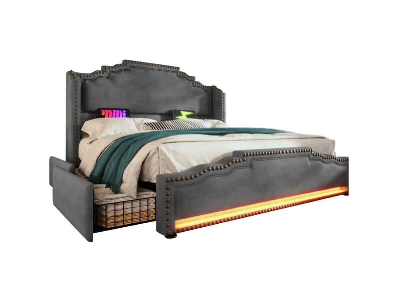  Lit coffre 160 x 200 cm avec matelas, 4 tiroirs, éclairage led et ports usbusb-c, velours gris  - Conforama A