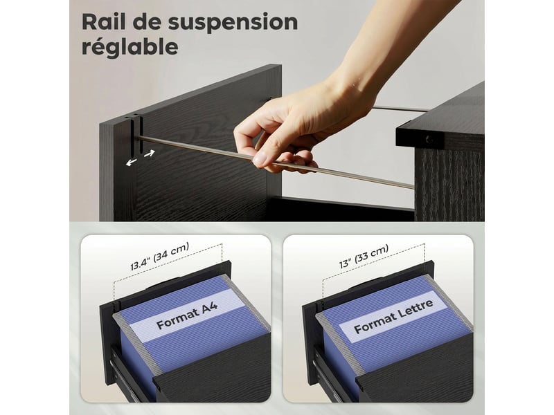  Caisson de bureau avec 2 tiroirs, dossiers suspendus pour formats lettrea4, style rustique, 40x40x71cm, noir  - Conforama R