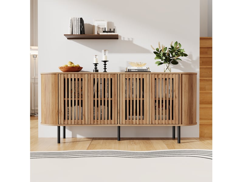  Buffet bas 4 portes perforées avec étagères réglables, pieds métal, fermeture douce, mdf naturel 160 × 40 × 70 cm  - Conforama B
