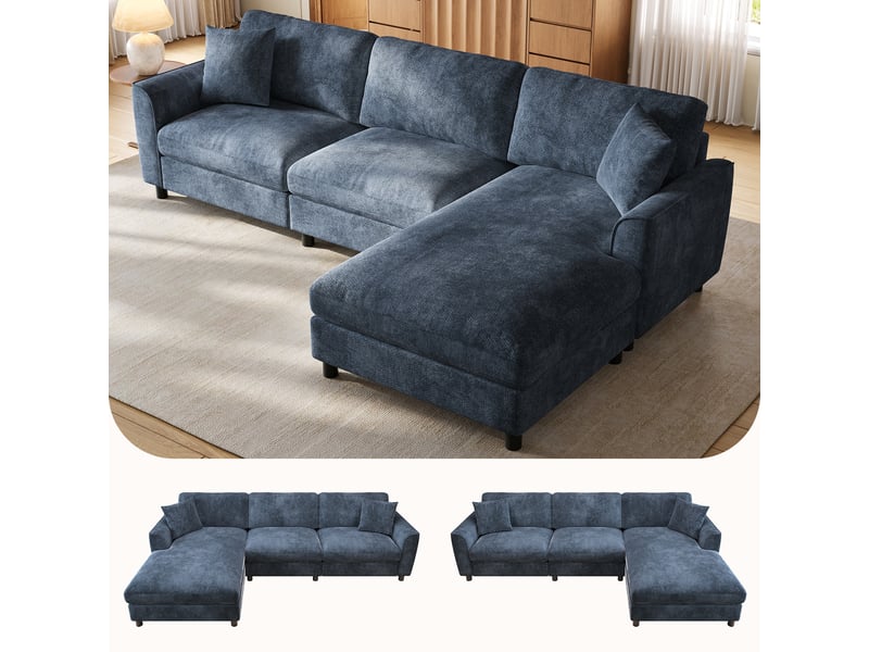 Canapé d'angle 3 places en tissu chenille bleu marine, 256×137×79 cm, méridienne réversible, assise large 90 cm, sans montage - Conforama D