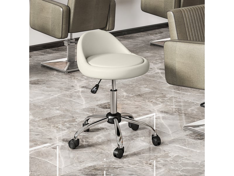  Tabouret à roulettes de travail pivotant 360° avec hauteur réglable 53-73 cm et revêtement synthétique blanc  - Conforama B