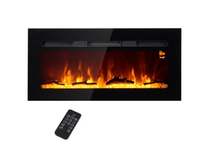 Cheminée électrique murale noire 1800 w avec télécommande, bûches artificielles et cristaux
