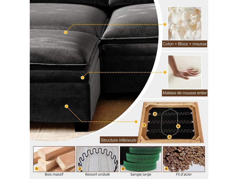  Canapé d'angle modulable en chenille 315 cm recharge sans fil et lumière avec rangement  - Conforama W