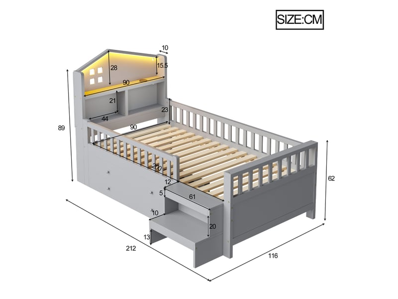  Modenvie lit enfant 90x200 cm - avec 4 tiroirs, led et ports usb-c, sommier inclus - gris  - Conforama C