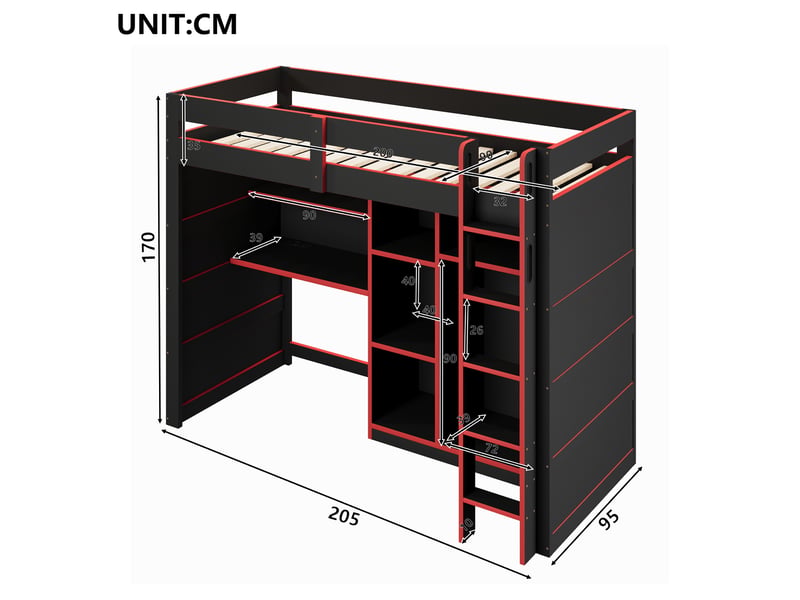  Lit mezzanine gaming en bois 90x200 cm, bureau, armoire, rangements, éclairage led, noir + rouge  - Conforama C