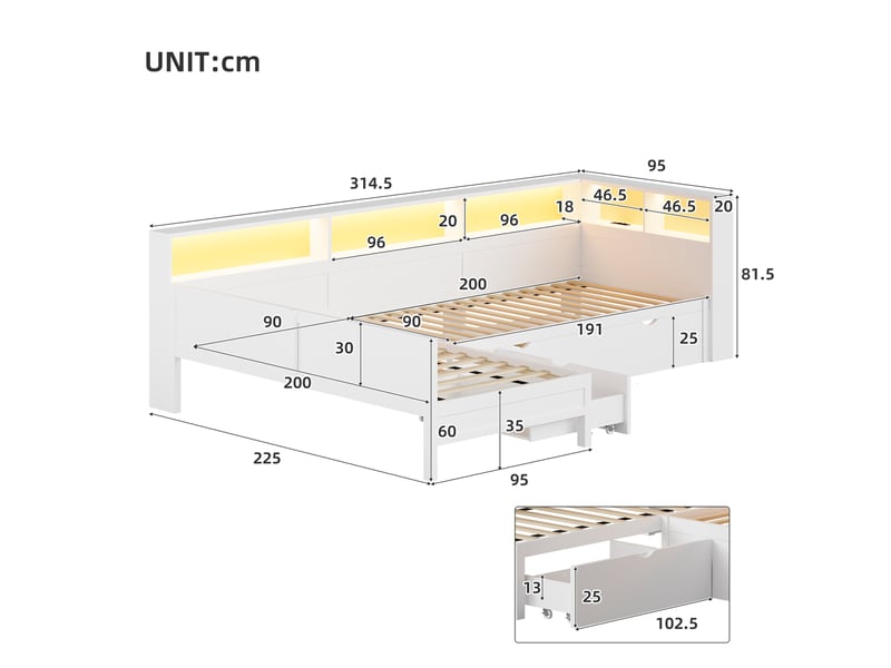 Lit enfant 90x200 cm gigogne en l avec led, prise usb-c, mdf blanc, sans matelas  - Conforama C
