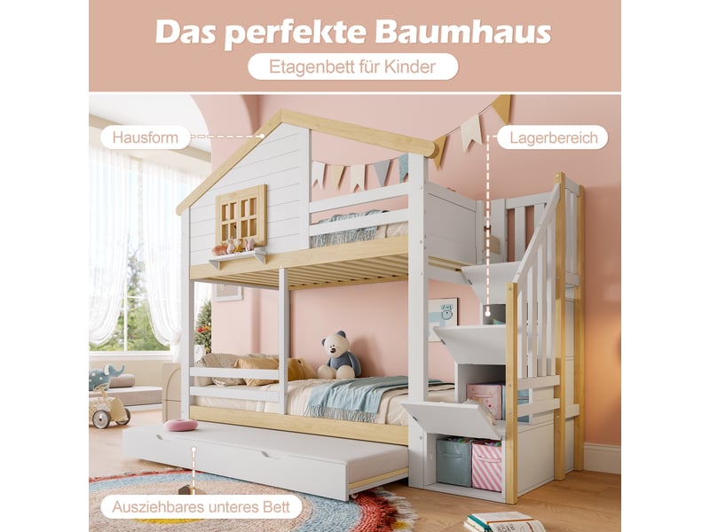  Lit superposé enfant 200×90 cm et lit gigogne 190×90 cm avec escalier de rangement, sans matelas, blanc et naturel  - Conforama E