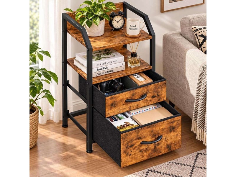  Table de chevet 40x30x70 cm deux tiroirs tissu etagere ouverte marron rustique noir  - Conforama B