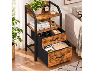 Table de chevet 40x30x70 cm deux tiroirs tissu etagere ouverte marron rustique noir