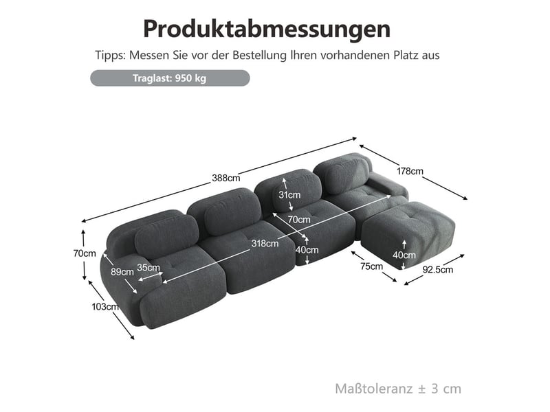  Canapé d'angle modulaire,4 places,avec accoudoirs extra-larges, 388x 178x 70 cm,gris  - Conforama C