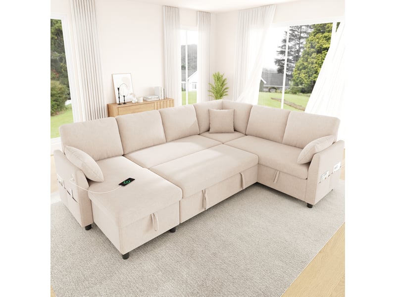  Canapé d'angle convertible 6 places avec coffres, usb et usb-c, poches, tissu effet lin beige, 255 × 196 × 85 cm  - Conforama B