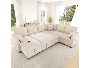 Canapé d'angle réversible convertible HAUSS SPOLE 6 places Polyester beige avec coffre de rangement