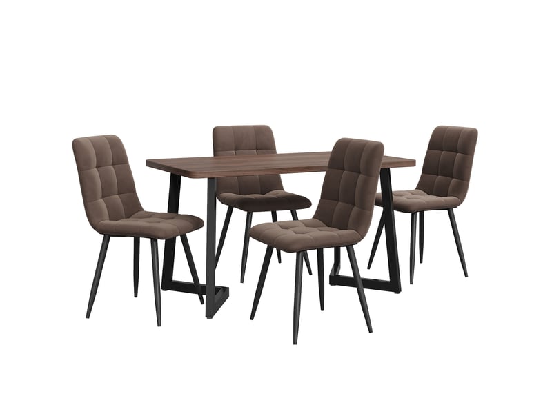  Ensemble table et 4 chaises 117x68x75 cm mdf décor noyer et velours marron  - Conforama E