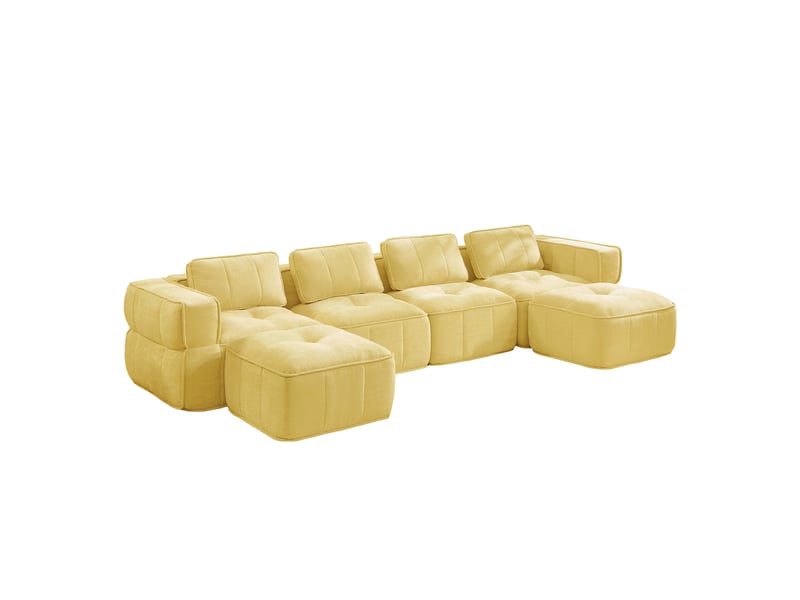 Canapé modulable 4 places en u jaune avec 2 poufs, mousse haute densité 32d, revêtement polyester doux, salon - Conforama W