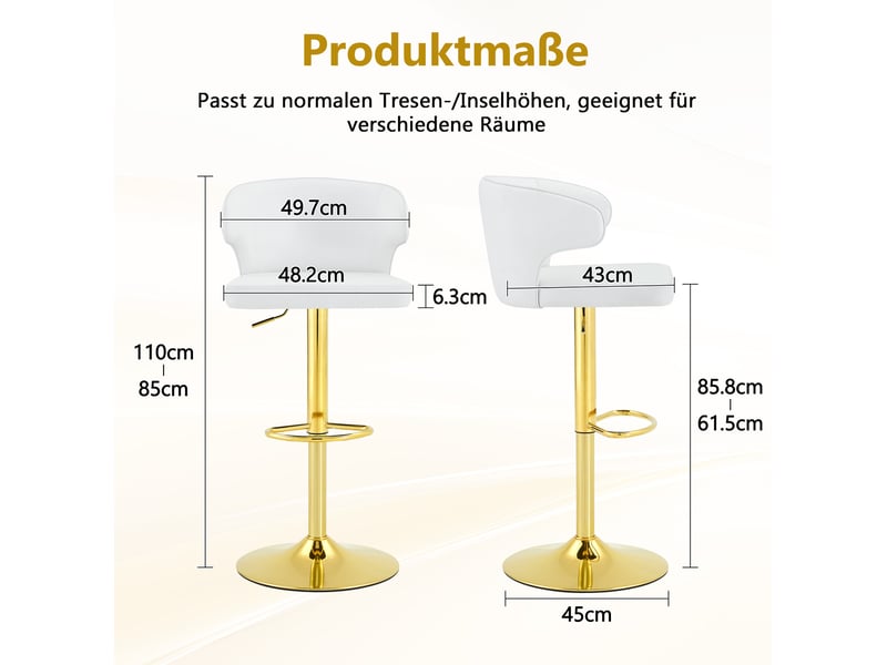  Lot de 2 tabourets de bar 49.7x45x110 cm réglables en hauteur et pivotants 360° avec dossier, polyuréthane (pu), blanc  - Conforama C