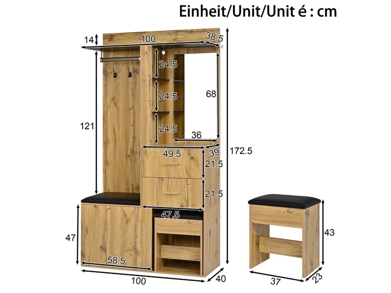  Meuble d’entrée avec miroir, éclairage led réglable par application, penderie, banc à chaussures et rangement  - Conforama C
