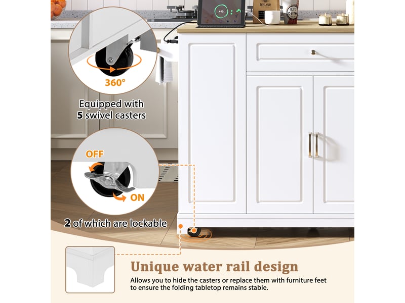 Îlot de cuisine mobile à plateau rabattable avec rangement, prises et ports usb, blanc et naturel, 131,8 × 40-70 × 93,3 cm  - Conforama E