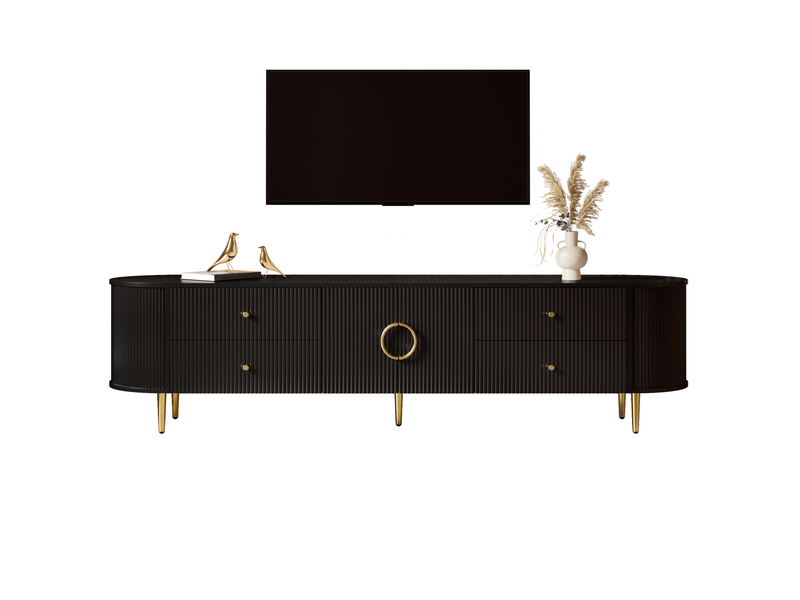  Meuble tv avec 2 tiroirs, 2 portes, étagère fixe et passe-câbles, bords arrondis pour salon en mdf noir  - Conforama A