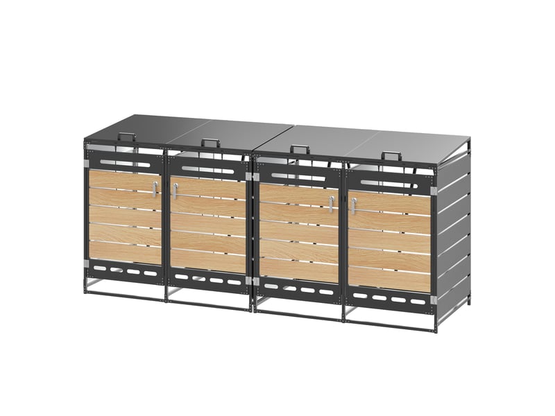  Cache-poubelles 4 compartiments, modèle bois, couvercle hydraulique, armoire métal verrouillable  - Conforama D