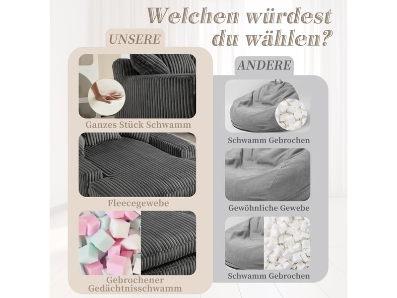 Canapé 1 place en velours côtelé gris foncé avec 3 coussins et mousse haute densité, 125x155x63 cm - Conforama E
