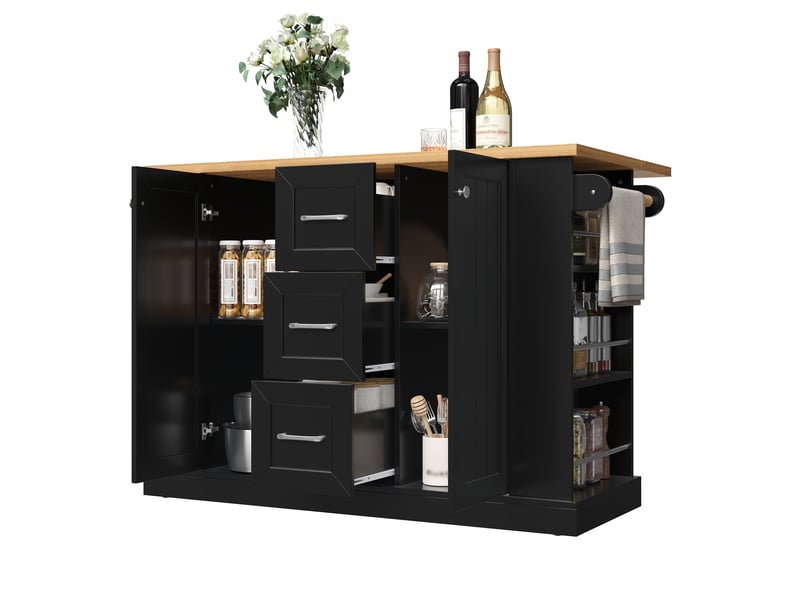  Desserte de cuisine avec plateau rabattable, 3 tiroirs, étagère à 3 niveaux et roulettes freinées, 120 × 70 × 90 cm  - Conforama E