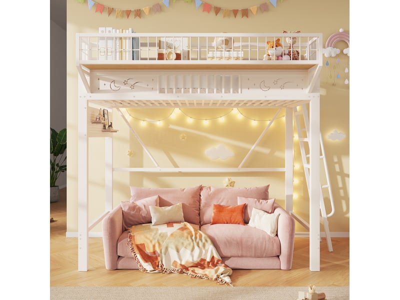  Lit mezzanine 90x200 cm en métal avec rangements coloris blanc  - Conforama B