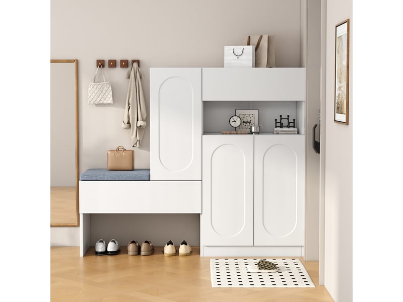 Meuble à chaussures avec 2 portes, 1 niche ouverte et 2 étagères réglables, banc rembourré, blanc 130 × 35 × 110 cm - uvrion - Conforama C