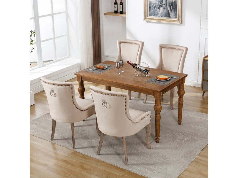 Lot de 4 chaises en velours coloris beige avec pieds en bois massif - Conforama E