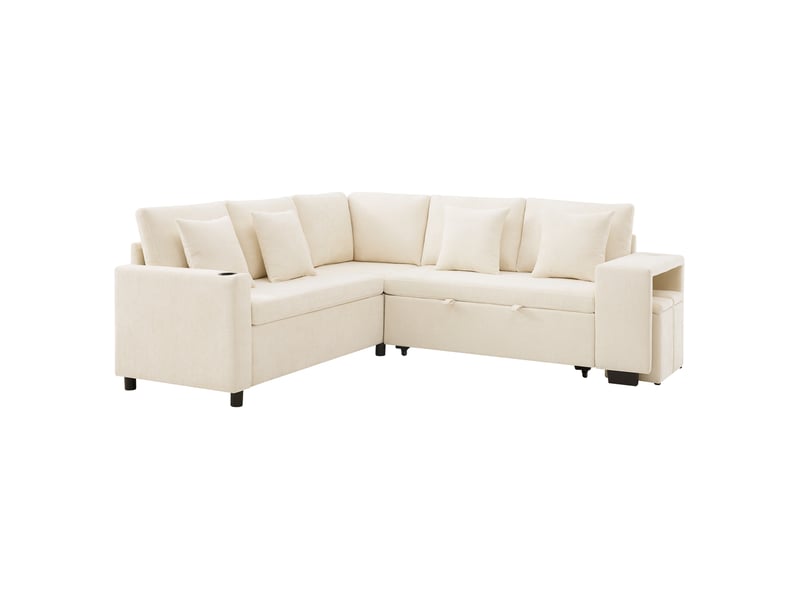  Canapé d'angle convertible avec rangement, fonction couchage, porte-gobelets, usb et usb-c, en chenille beige  - Conforama A