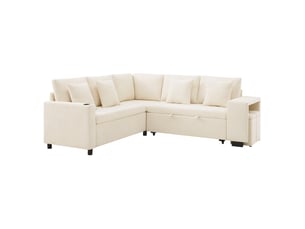 Canapé d'angle réversible convertible <strong>MIVRAY </strong> <strong></strong> 5 places Tissu beige avec coffre de rangement