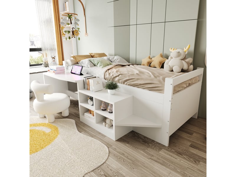 Lit enfant 90x200 cm blanc avec bureau et rangements - lit simple en bois  - Conforama B