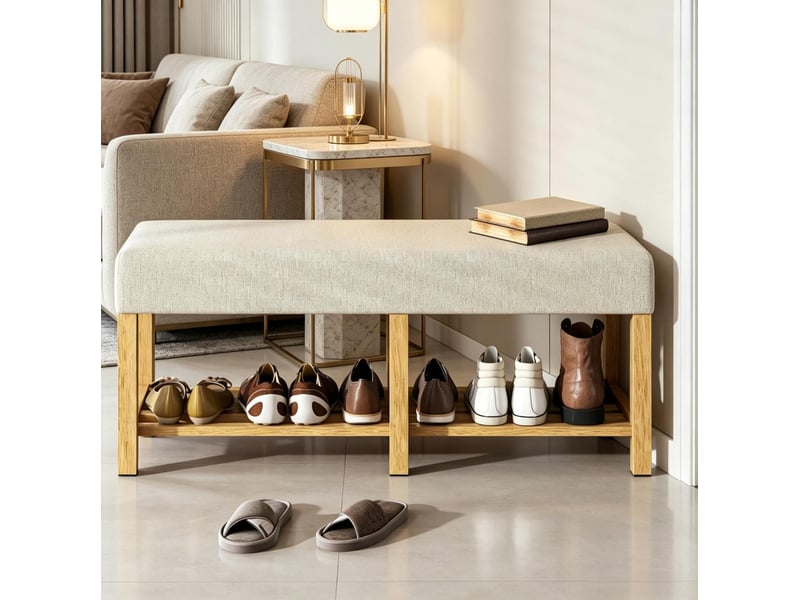  Banc à chaussures avec rangement 120 x 44 x 48 cm, assise rembourrée en tissu beige  - Conforama E
