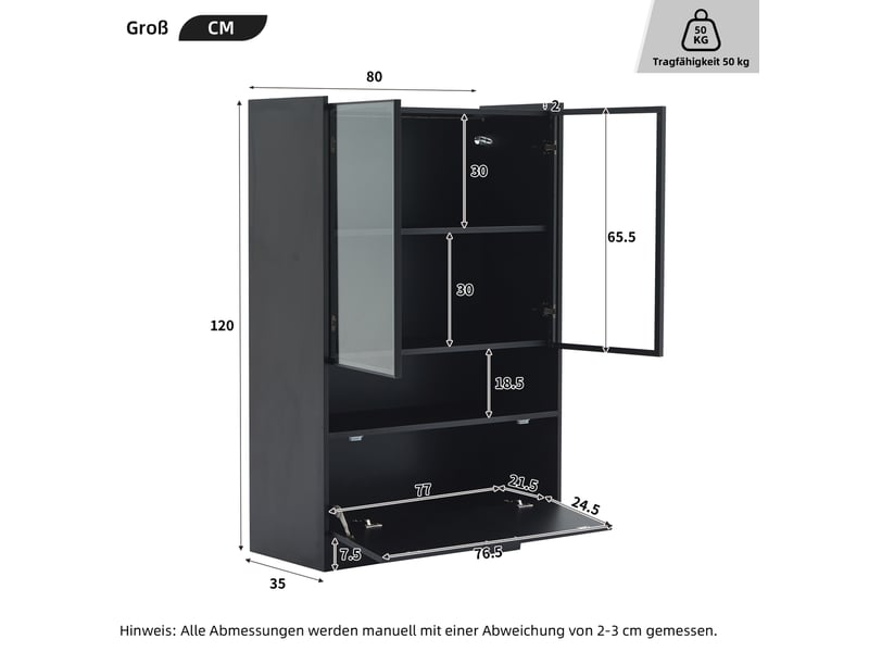  Vitrine 2 portes vitrées, abattant, éclairage led piloté par application pour salon noir mat 80 × 35 × 120 cm  - Conforama C